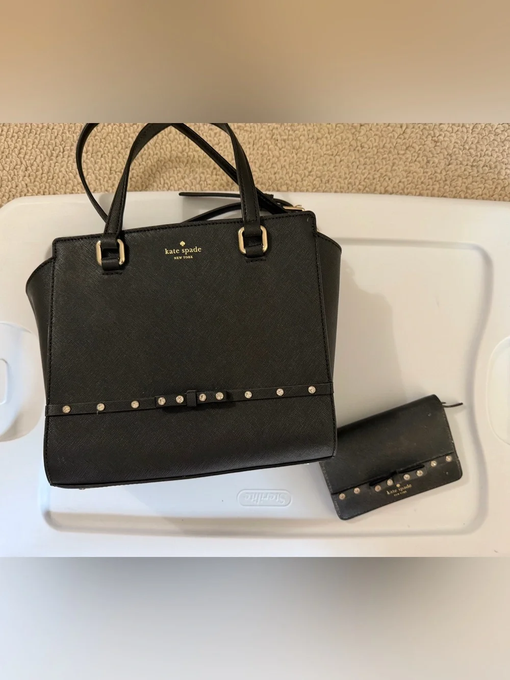 kate spade Black Leather Satchel with Studded Bow Purse and Matching Wallet